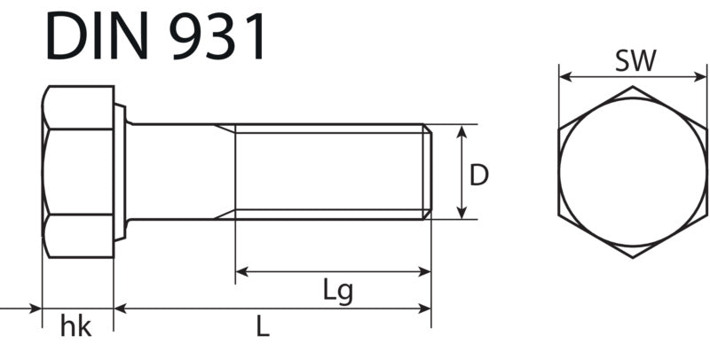 Threaded bolt 8.8, hexagon head, z/pl., DIN 931