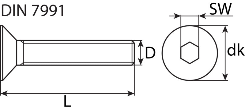 Threaded bolt 8.8, c/sunk head, z/pl, DIN 7991