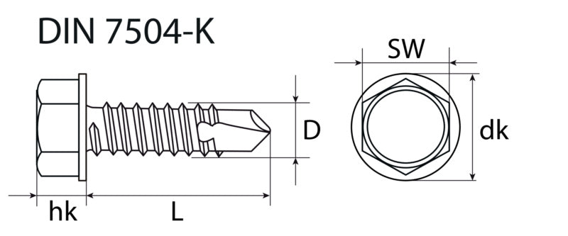 Tornillo autoperforante, cabeza hexagonal con arandela a presión, cincado, DIN 7504-K