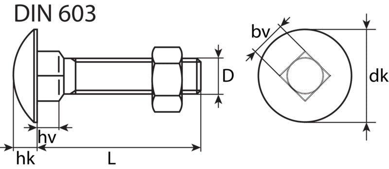 Coach bolt w. nut, rnd p/hd, A2 st/stl, DIN 603