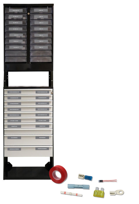 Tower electrical material and lamps, equipped black shelf, workshop concept