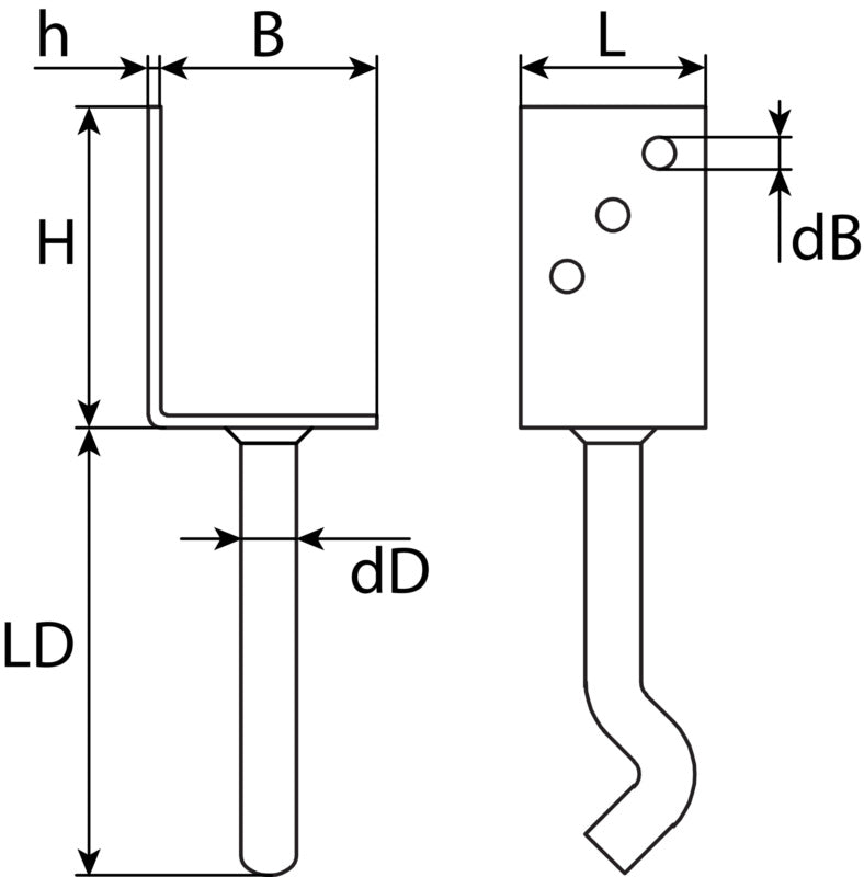 Post anchor, L-shape, with spike, depressed centre
